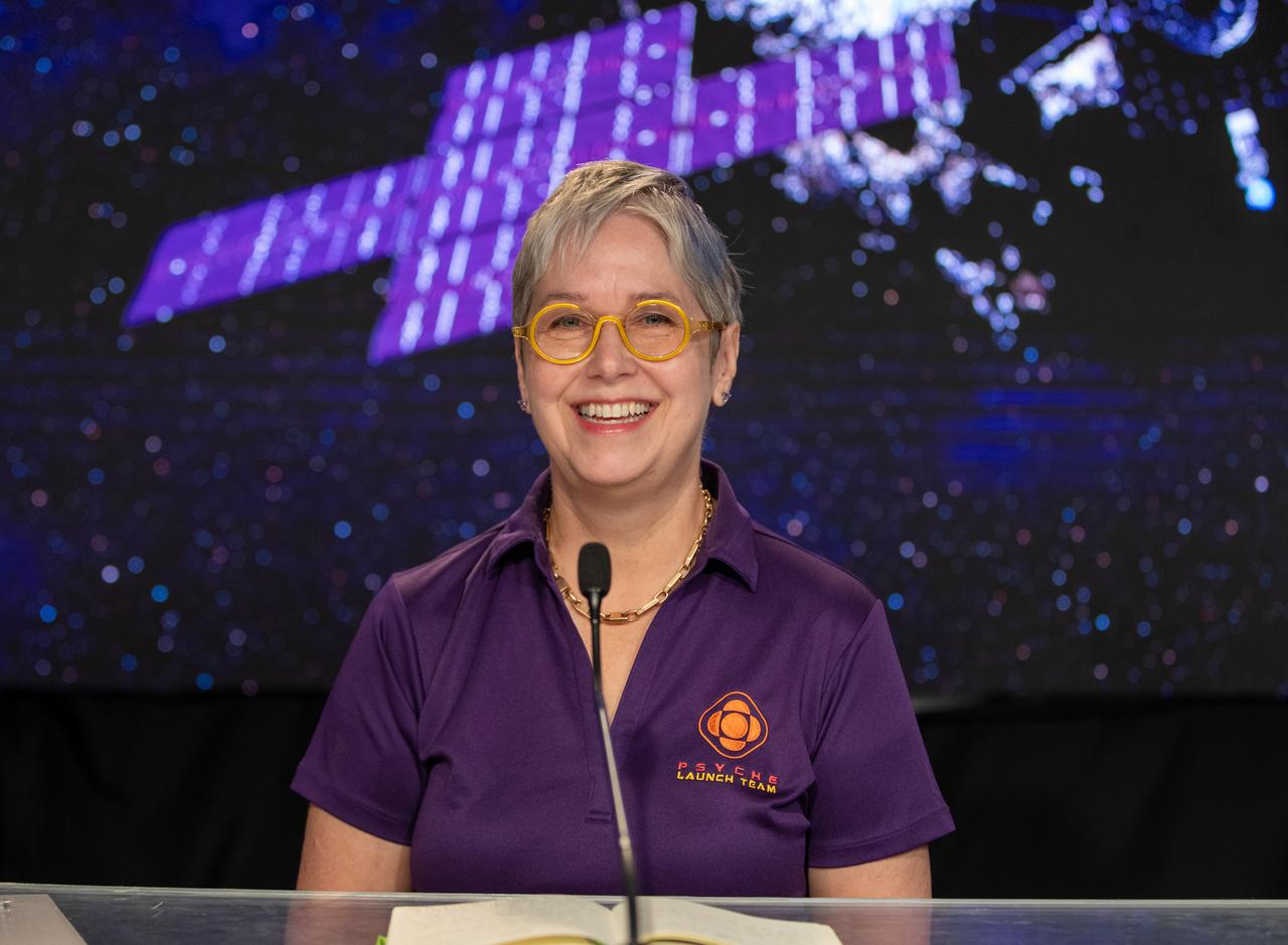 Lindy Elkins-Tanton, Psyche principal investigator, Arizona State University, participates in a Psyche mission and science briefing at NASA’s Kennedy Space Center in Florida on Tuesday, Oct. 10, 2023. Psyche is the first mission to explore an asteroid with a surface that likely contains substantial amounts of metal rather than rock or ice. Liftoff of NASA’s Psyche spacecraft, atop a SpaceX Falcon Heavy rocket, is targeted for 10:16 a.m. EDT Thursday, Oct. 12, from Kennedy’s Launch Complex 39A.