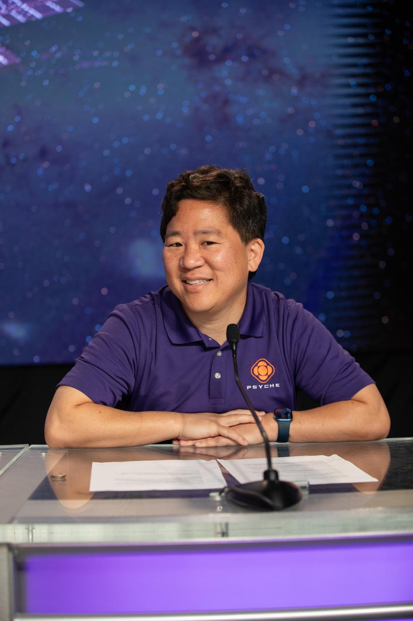 David Oh, Psyche chief engineer for operations, NASA’s Jet Propulsion Laboratory, participates in a Psyche mission and science briefing at NASA’s Kennedy Space Center in Florida on Tuesday, Oct. 10, 2023. Psyche is the first mission to explore an asteroid with a surface that likely contains substantial amounts of metal rather than rock or ice. Liftoff of NASA’s Psyche spacecraft, atop a SpaceX Falcon Heavy rocket, is targeted for 10:16 a.m. EDT Thursday, Oct. 12, from Kennedy’s Launch Complex 39A.