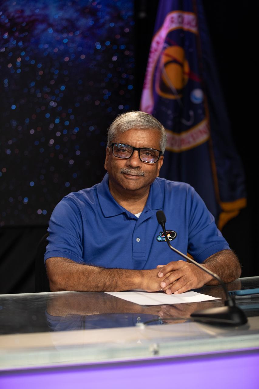 Abi Biswas, Deep Space Optical Communications project technologist, NASA’s Jet Propulsion Laboratory, participates in a Psyche mission and science briefing at NASA’s Kennedy Space Center in Florida on Tuesday, Oct. 10, 2023. Psyche is the first mission to explore an asteroid with a surface that likely contains substantial amounts of metal rather than rock or ice. Liftoff of NASA’s Psyche spacecraft, atop a SpaceX Falcon Heavy rocket, is targeted for 10:16 a.m. EDT Thursday, Oct. 12, from Kennedy’s Launch Complex 39A.