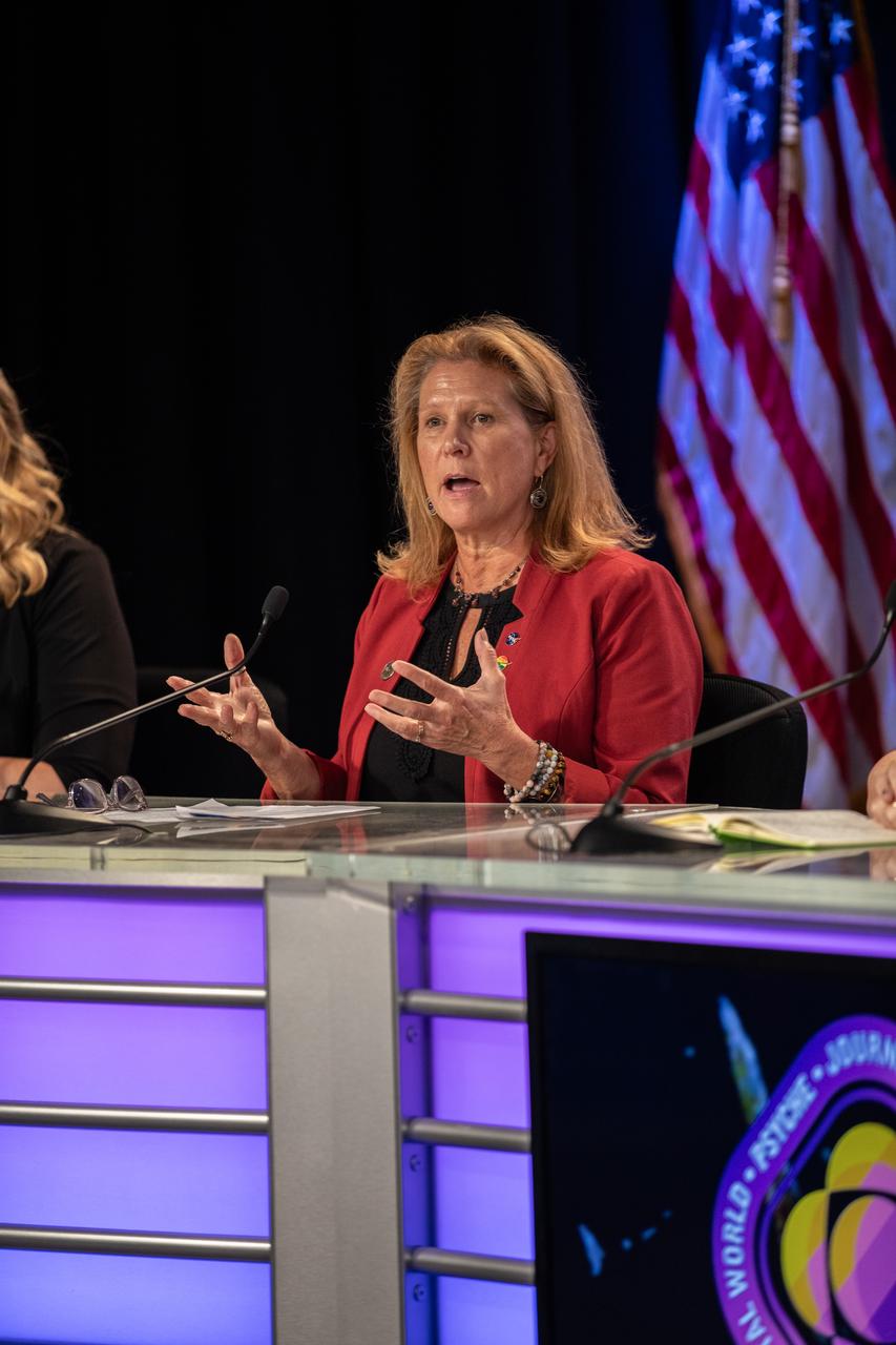 Lori Glaze, Planetary Science division director, NASA Headquarters, participates in a Psyche mission and science briefing at NASA’s Kennedy Space Center in Florida on Tuesday, Oct. 10, 2023. Psyche is the first mission to explore an asteroid with a surface that likely contains substantial amounts of metal rather than rock or ice. Liftoff of NASA’s Psyche spacecraft, atop a SpaceX Falcon Heavy rocket, is targeted for 10:16 a.m. EDT Thursday, Oct. 12, from Kennedy’s Launch Complex 39A.