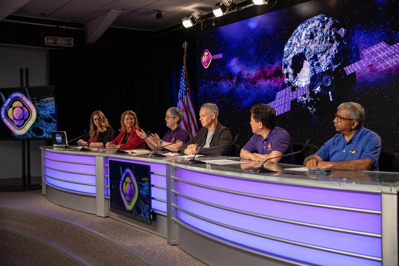 A Psyche mission and science briefing takes place at NASA’s Kennedy Space Center in Florida on Tuesday, Oct. 10, 2023. Participants, from left, are: Alana Johnson, NASA Communications; Lori Glaze, Planetary Science division director, NASA Headquarters; Lindy Elkins-Tanton, Psyche principal investigator, Arizona State University; Ben Weiss, Psyche deputy principal investigator and magnetometer lead, Massachusetts Institute of Technology; David Oh, Psyche chief engineer for operations, NASA’s Jet Propulsion Laboratory (JPL); and Abi Biswas, Deep Space Optical Communications project technologist, JPL. Psyche is the first mission to explore an asteroid with a surface that likely contains substantial amounts of metal rather than rock or ice. Liftoff of NASA’s Psyche spacecraft, atop a SpaceX Falcon Heavy rocket, is targeted for 10:16 a.m. EDT Thursday, Oct. 12, from Kennedy’s Launch Complex 39A.