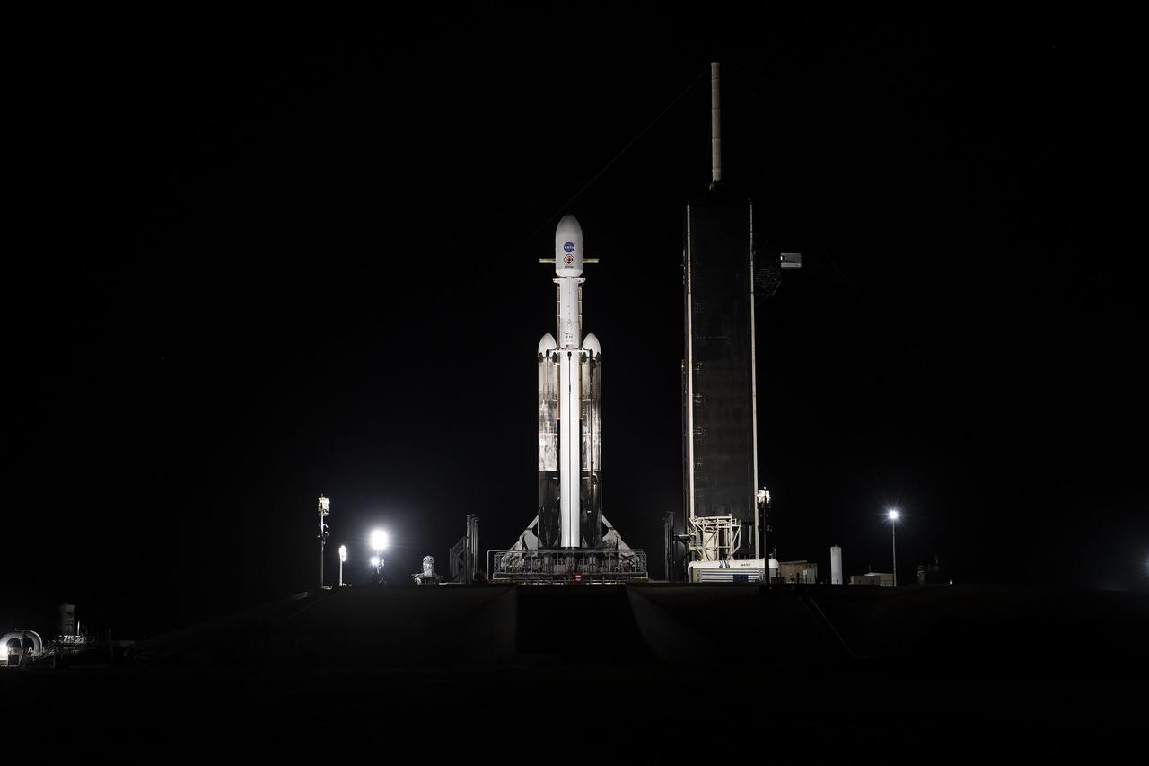 NASA’s Psyche spacecraft stands tall atop a SpaceX Falcon Heavy rocket at Kennedy Space Center’s historic Launch Complex 39A in Florida on Tuesday, Oct. 10, 2023. Liftoff of the mission to the asteroid Psyche is targeted for 10:16 a.m. EDT on Thursday, Oct. 12. The spacecraft also is hosting a technology demonstration, NASA’s Deep Space Optical Communications (DSOC), which will be the first test of laser communications beyond the Moon. NASA’s Launch Services Program, based at Kennedy, is responsible for the insight and approval of the launch vehicle and manages the launch service for the Psyche mission.