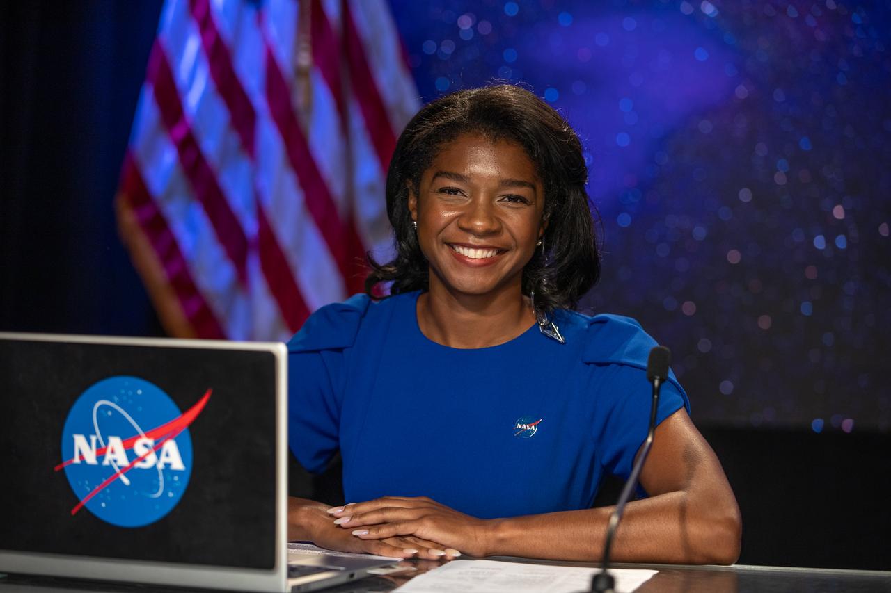 Jasmine Hopkins, NASA Communications, moderates a Psyche mission prelaunch news conference at NASA’s Kennedy Space Center in Florida on Wednesday, Oct. 11, 2023. Psyche is the first mission to explore an asteroid with a surface that likely contains substantial amounts of metal rather than rock or ice. Liftoff of NASA’s Psyche spacecraft, atop a SpaceX Falcon Heavy rocket, is targeted for 10:16 a.m. EDT Thursday, Oct. 12, from Kennedy’s Launch Complex 39A.