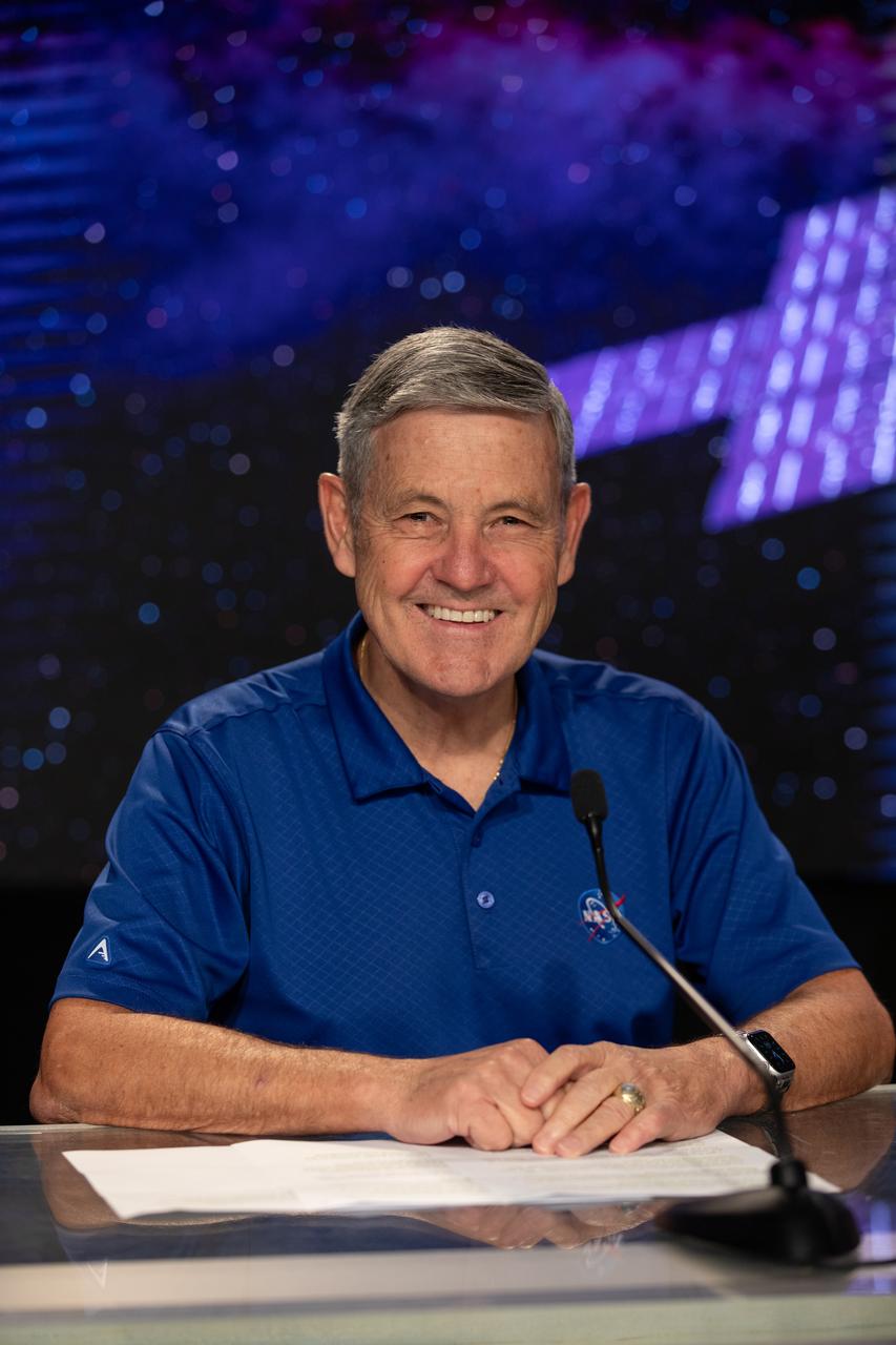 NASA Associate Administrator Bob Cabana participates in a Psyche mission prelaunch news conference at NASA’s Kennedy Space Center in Florida on Wednesday, Oct. 11, 2023. Psyche is the first mission to explore an asteroid with a surface that likely contains substantial amounts of metal rather than rock or ice. Liftoff of NASA’s Psyche spacecraft, atop a SpaceX Falcon Heavy rocket, is targeted for 10:16 a.m. EDT Thursday, Oct. 12, from Kennedy’s Launch Complex 39A.