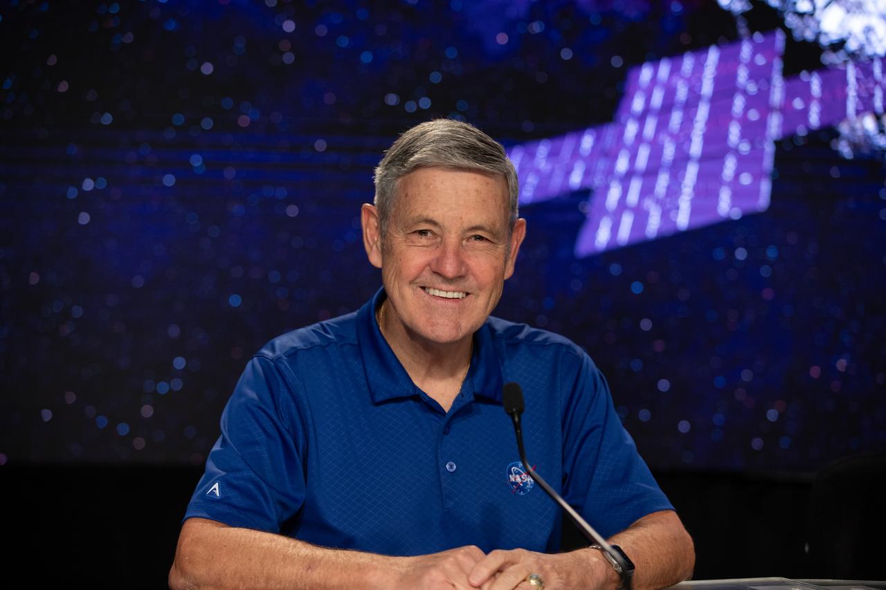 NASA Associate Administrator Bob Cabana participates in a Psyche mission prelaunch news conference at NASA’s Kennedy Space Center in Florida on Wednesday, Oct. 11, 2023. Psyche is the first mission to explore an asteroid with a surface that likely contains substantial amounts of metal rather than rock or ice. Liftoff of NASA’s Psyche spacecraft, atop a SpaceX Falcon Heavy rocket, is targeted for 10:16 a.m. EDT Thursday, Oct. 12, from Kennedy’s Launch Complex 39A.