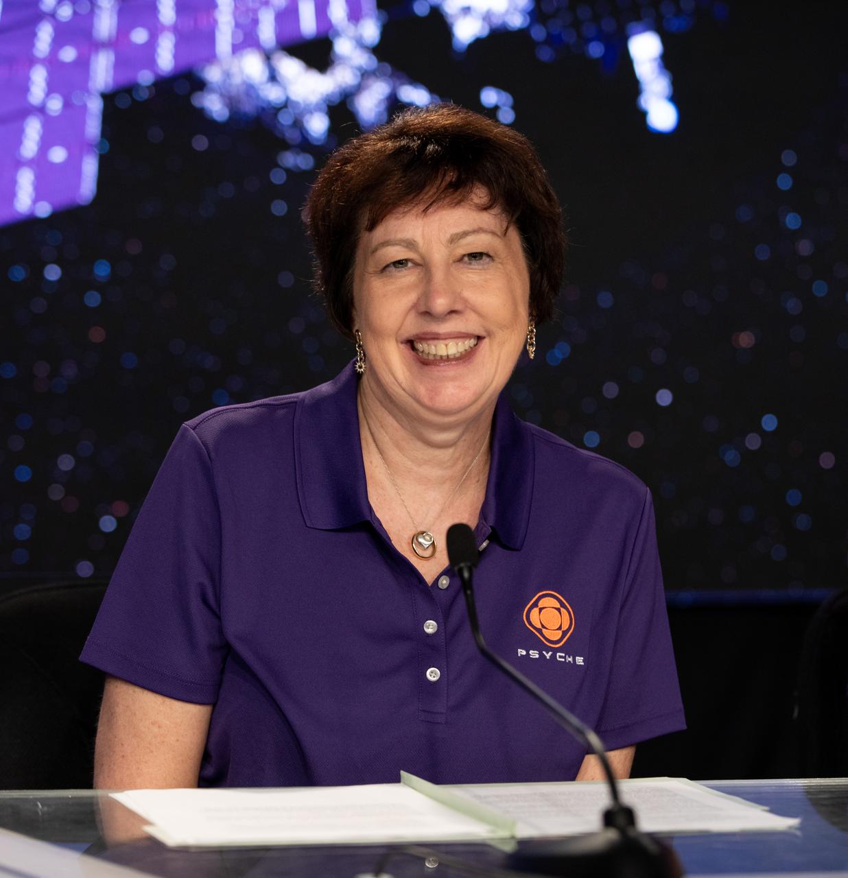 Nicola Fox, associate administrator, NASA’s Science Mission Directorate, participates in a Psyche mission prelaunch news conference at NASA’s Kennedy Space Center in Florida on Wednesday, Oct. 11, 2023. Psyche is the first mission to explore an asteroid with a surface that likely contains substantial amounts of metal rather than rock or ice. Liftoff of NASA’s Psyche spacecraft, atop a SpaceX Falcon Heavy rocket, is targeted for 10:16 a.m. EDT Thursday, Oct. 12, from Kennedy’s Launch Complex 39A.