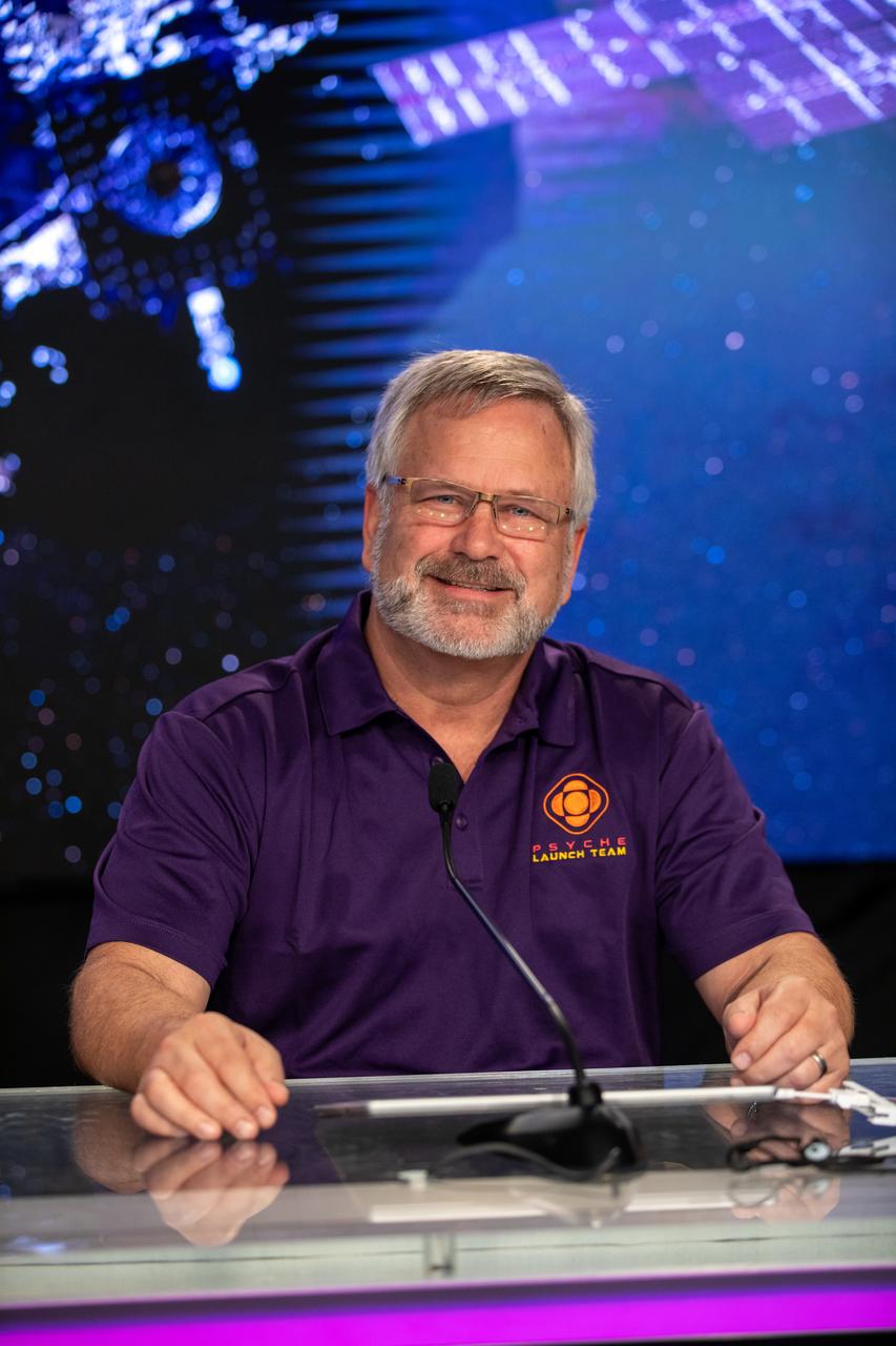 Henry Stone, Psyche project manager, NASA’s Jet Propulsion Laboratory, participates in a Psyche mission prelaunch news conference at NASA’s Kennedy Space Center in Florida on Wednesday, Oct. 11, 2023. Psyche is the first mission to explore an asteroid with a surface that likely contains substantial amounts of metal rather than rock or ice. Liftoff of NASA’s Psyche spacecraft, atop a SpaceX Falcon Heavy rocket, is targeted for 10:16 a.m. EDT Thursday, Oct. 12, from Kennedy’s Launch Complex 39A.