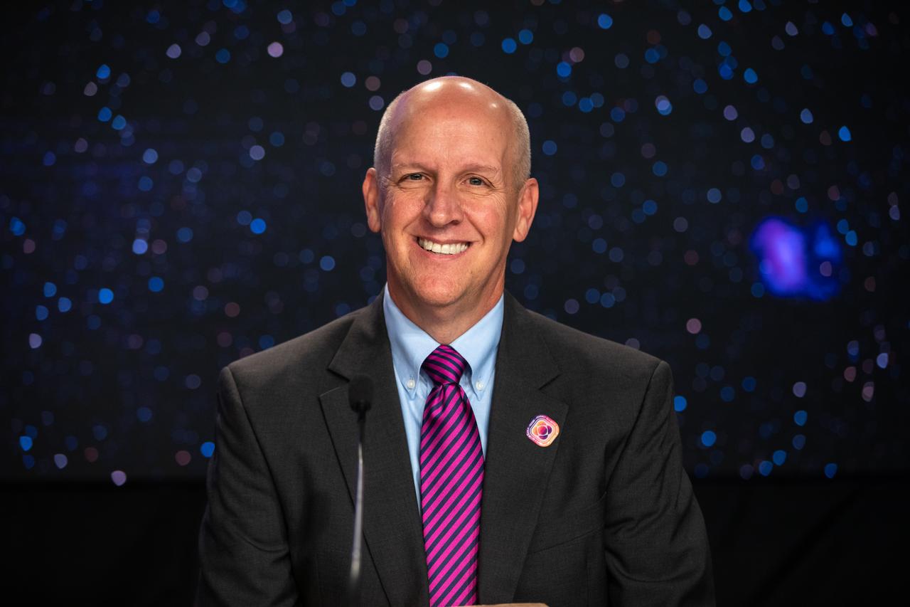 Tim Dunn, senior launch director, NASA’s Launch Services Program, participates in a Psyche mission prelaunch news conference at NASA’s Kennedy Space Center in Florida on Wednesday, Oct. 11, 2023. Psyche is the first mission to explore an asteroid with a surface that likely contains substantial amounts of metal rather than rock or ice. Liftoff of NASA’s Psyche spacecraft, atop a SpaceX Falcon Heavy rocket, is targeted for 10:16 a.m. EDT Thursday, Oct. 12, from Kennedy’s Launch Complex 39A.