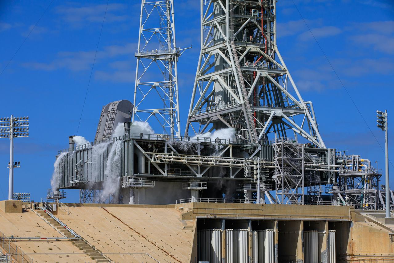 NASA’s Exploration Ground Systems conducts a water flow test with the mobile launcher at Kennedy Space Center’s Launch Complex 39B in Florida on Oct. 24, 2023. It is the third in a series of tests to verify the overpressure protection and sound suppression system is ready for launch of the Artemis II mission. During liftoff, 400,000 gallons of water will rush onto the pad to help protect NASA’s SLS (Space Launch System) rocket, Orion spacecraft, mobile launcher, and launch pad from any over pressurization and extreme sound produced during ignition and liftoff.