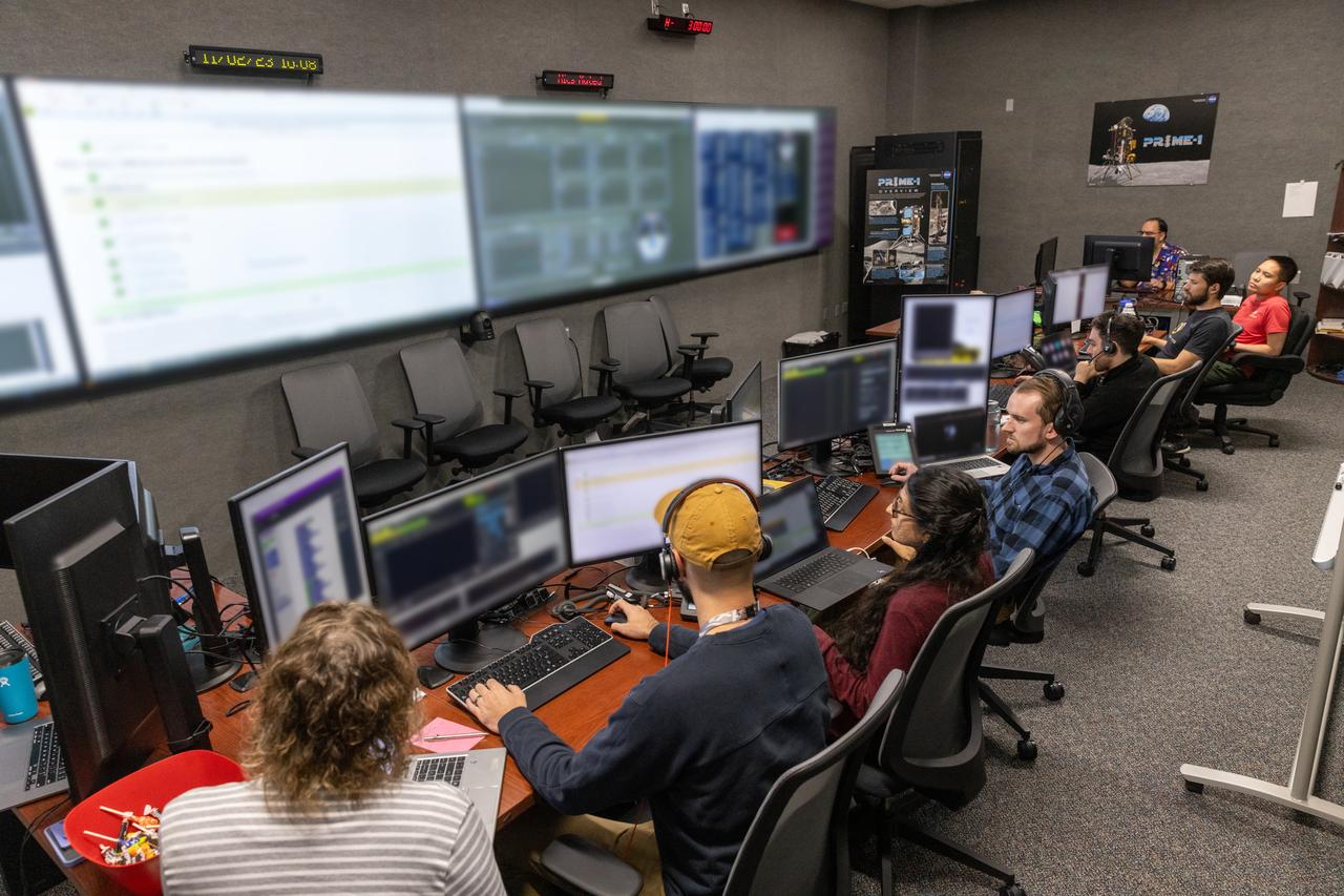 A team of engineers participates in simulation training for the Polar Resources Ice Mining Experiment-1 (PRIME-1) on Thursday, Nov. 2, 2023, inside the Neil Armstrong Operations and Checkout Building at NASA’s Kennedy Space Center in Florida. The purpose of the training is to get the integrated PRIME-1 team – engineers with PRIME-1’s MSOLO (Mass Spectrometer Observing Lunar Operations) and Honeybee Robotics’ TRIDENT (The Regolith and Ice Drill for Exploring New Terrain) drill – prepared to operate the instrument on the lunar surface. The team commanded the PRIME-1 hardware, located at Intuitive Machines in Houston, to operate MSOLO and TRIDENT. PRIME-1 is scheduled to launch through NASA’s CLPS (Commercial Lunar Payload Delivery Service) initiative and will be the first in-situ resource utilization demonstration on the Moon, with MSOLO and TRIDENT making up its two primary components. Through Artemis missions, CLPS deliveries will be used to perform science experiments, test technologies, and demonstrate capabilities to help NASA explore the Moon and prepare for human deep space exploration missions.