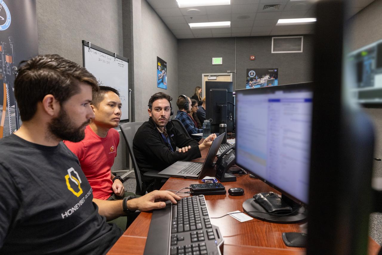 A team from Honeybee Robotics in Altadena, California participates in simulation training for the Polar Resources Ice Mining Experiment-1 (PRIME-1) on Thursday, Nov. 2, 2023, inside the Neil Armstrong Operations and Checkout Building at NASA’s Kennedy Space Center in Florida. The purpose of the training is to get the integrated PRIME-1 team – engineers with PRIME-1’s MSOLO (Mass Spectrometer Observing Lunar Operations) and Honeybee Robotics’ TRIDENT (The Regolith and Ice Drill for Exploring New Terrain) drill – prepared to operate the instrument on the lunar surface. The team commanded the PRIME-1 hardware, located at Intuitive Machines in Houston, to operate MSOLO and TRIDENT. PRIME-1 is scheduled to launch through NASA’s CLPS (Commercial Lunar Payload Delivery Service) initiative and will be the first in-situ resource utilization demonstration on the Moon, with MSOLO and TRIDENT making up its two primary components. Through Artemis missions, CLPS deliveries will be used to perform science experiments, test technologies, and demonstrate capabilities to help NASA explore the Moon and prepare for human deep space exploration missions.