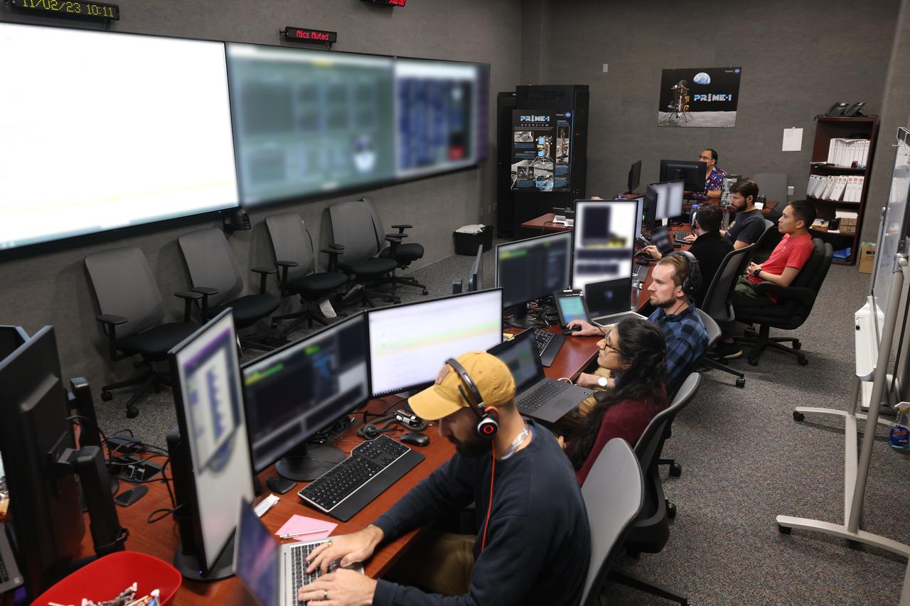 A team of engineers participates in simulation training for the Polar Resources Ice Mining Experiment-1 (PRIME-1) on Thursday, Nov. 2, 2023, inside the Neil Armstrong Operations and Checkout Building at NASA’s Kennedy Space Center in Florida. The purpose of the training is to get the integrated PRIME-1 team – engineers with PRIME-1’s MSOLO (Mass Spectrometer Observing Lunar Operations) and Honeybee Robotics’ TRIDENT (The Regolith and Ice Drill for Exploring New Terrain) drill – prepared to operate the instrument on the lunar surface. The team commanded the PRIME-1 hardware, located at Intuitive Machines in Houston, to operate MSOLO and TRIDENT. PRIME-1 is scheduled to launch through NASA’s CLPS (Commercial Lunar Payload Delivery Service) initiative and will be the first in-situ resource utilization demonstration on the Moon, with MSOLO and TRIDENT making up its two primary components. Through Artemis missions, CLPS deliveries will be used to perform science experiments, test technologies, and demonstrate capabilities to help NASA explore the Moon and prepare for human deep space exploration missions.