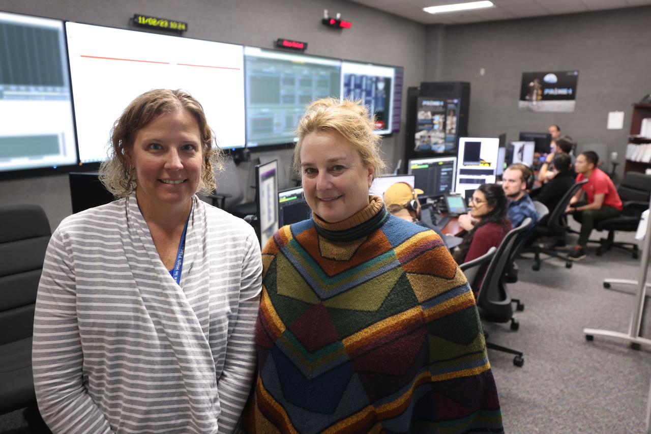 Janine Captain, left, and Jackie Quinn participate in simulation training for the Polar Resources Ice Mining Experiment-1 (PRIME-1) on Thursday, Nov. 2, 2023, inside the Neil Armstrong Operations and Checkout Building at NASA’s Kennedy Space Center in Florida. The purpose of the training is to get the integrated PRIME-1 team – engineers with PRIME-1’s MSOLO (Mass Spectrometer Observing Lunar Operations) and Honeybee Robotics’ TRIDENT (Regolith and Ice Drill for Exploring New Terrain) drill – prepared to operate the instrument on the lunar surface. The team commanded the PRIME-1 hardware, located at Intuitive Machines in Houston, to operate MSOLO and TRIDENT.  PRIME-1 is scheduled to launch through NASA’s CLPS (Commercial Lunar Payload Delivery Service) initiative and will be the first in-situ resource utilization demonstration on the Moon, with MSOLO and TRIDENT making up its two primary components. Through Artemis missions, CLPS deliveries will be used to perform science experiments, test technologies, and demonstrate capabilities to help NASA explore the Moon and prepare for human deep space exploration missions.