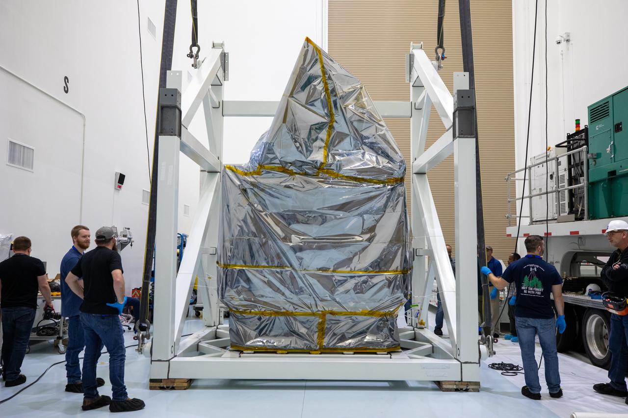NASA’s Plankton, Aerosol, Cloud, ocean Ecosystem (PACE) observatory spacecraft is uncrated for prelaunch processing at the Astrotech Space Operations Facility near the agency’s Kennedy Space Center in Florida on Wednesday, Nov. 15, 2023. The PACE observatory will help us better understand how the ocean and atmosphere exchange carbon dioxide, measure key atmospheric variables associated with air quality and Earth's climate, and monitor ocean health, in part by studying phytoplankton, tiny plants and algae that sustain the marine food web. PACE will be encapsulated for launch aboard a SpaceX Falcon 9 rocket from Space Launch Complex 40 at Cape Canaveral Space Force Station in Florida.