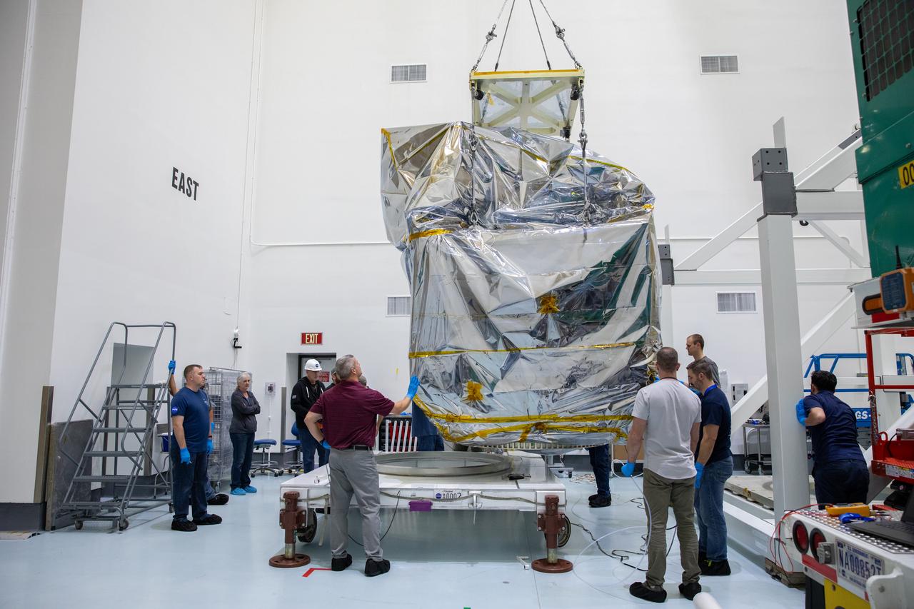 NASA’s Plankton, Aerosol, Cloud, ocean Ecosystem (PACE) observatory spacecraft is uncrated for prelaunch processing at the Astrotech Space Operations Facility near the agency’s Kennedy Space Center in Florida on Wednesday, Nov. 15, 2023. The PACE observatory will help us better understand how the ocean and atmosphere exchange carbon dioxide, measure key atmospheric variables associated with air quality and Earth's climate, and monitor ocean health, in part by studying phytoplankton, tiny plants and algae that sustain the marine food web. PACE will be encapsulated for launch aboard a SpaceX Falcon 9 rocket from Space Launch Complex 40 at Cape Canaveral Space Force Station in Florida.