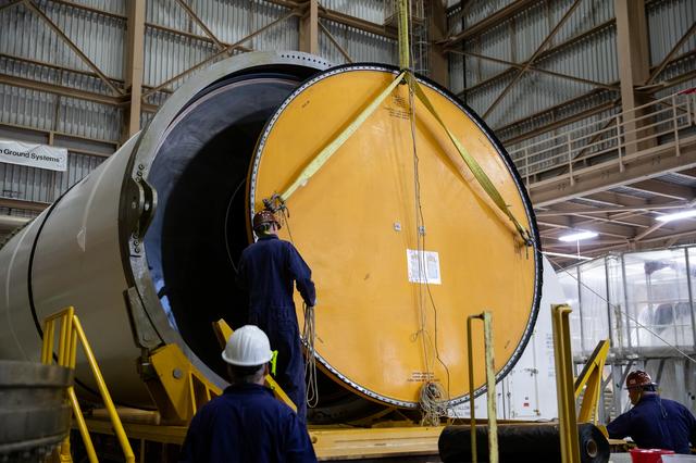 NASA image: Artemis II Booster Processing - Segment Cover Removal and Inspec