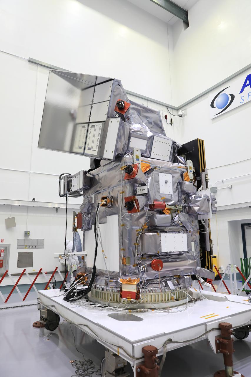 NASA’s Plankton, Aerosol, Cloud, ocean Ecosystem (PACE) observatory is inspected and processed on a spacecraft dolly in a high bay at the Astrotech Space Operations Facility near the agency’s Kennedy Space Center in Florida on Monday, Dec. 4, 2023. PACE will extend and improve upon NASA’s 20-plus years of global satellite observations of our living ocean, atmospheric aerosols, and clouds. It will also continue key measurements related to air quality and initiate an advanced set of climate-relevant data records. PACE will be encapsulated for launch aboard a SpaceX Falcon 9 rocket in early 2024 from Space Launch Complex 40 at Cape Canaveral Space Force Station in Florida.