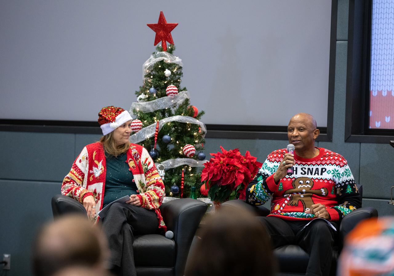 From left, NASA’s Kennedy Space Center Director Janet Petro and Kennedy Space Center Deputy Director Kelvin Manning participate in an employee town hall meeting held on Thursday, Dec. 7, 2023, at Kennedy’s Operations Support Building II. Center Director Janet Petro and other executive leadership hosted the meeting to provide updates on center milestones, celebrate the year’s achievements, and answer questions from the workforce. 