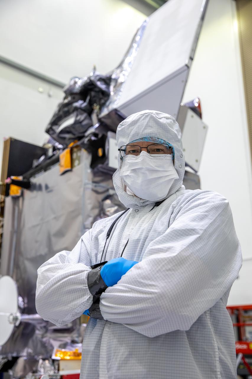 Gary Davis, PACE Mission Systems Engineer, participated in a NASA-hosted media day for the agency’s PACE (Plankton, Aerosol, Cloud, ocean Ecosystem) spacecraft on Wednesday, Jan. 3, 2024, inside a cleanroom at the Astrotech Space Operations Facility near NASA’s Kennedy Space Center in Florida. PACE will collect data on how the ocean and atmosphere exchange carbon dioxide, measure key atmospheric variables associated with air quality and Earth's climate, and monitor ocean health. PACE is set to launch aboard a SpaceX Falcon 9 rocket no earlier than Tuesday, Feb. 6, 2024, from Space Launch Complex 40 at Cape Canaveral Space Force Station in Florida.