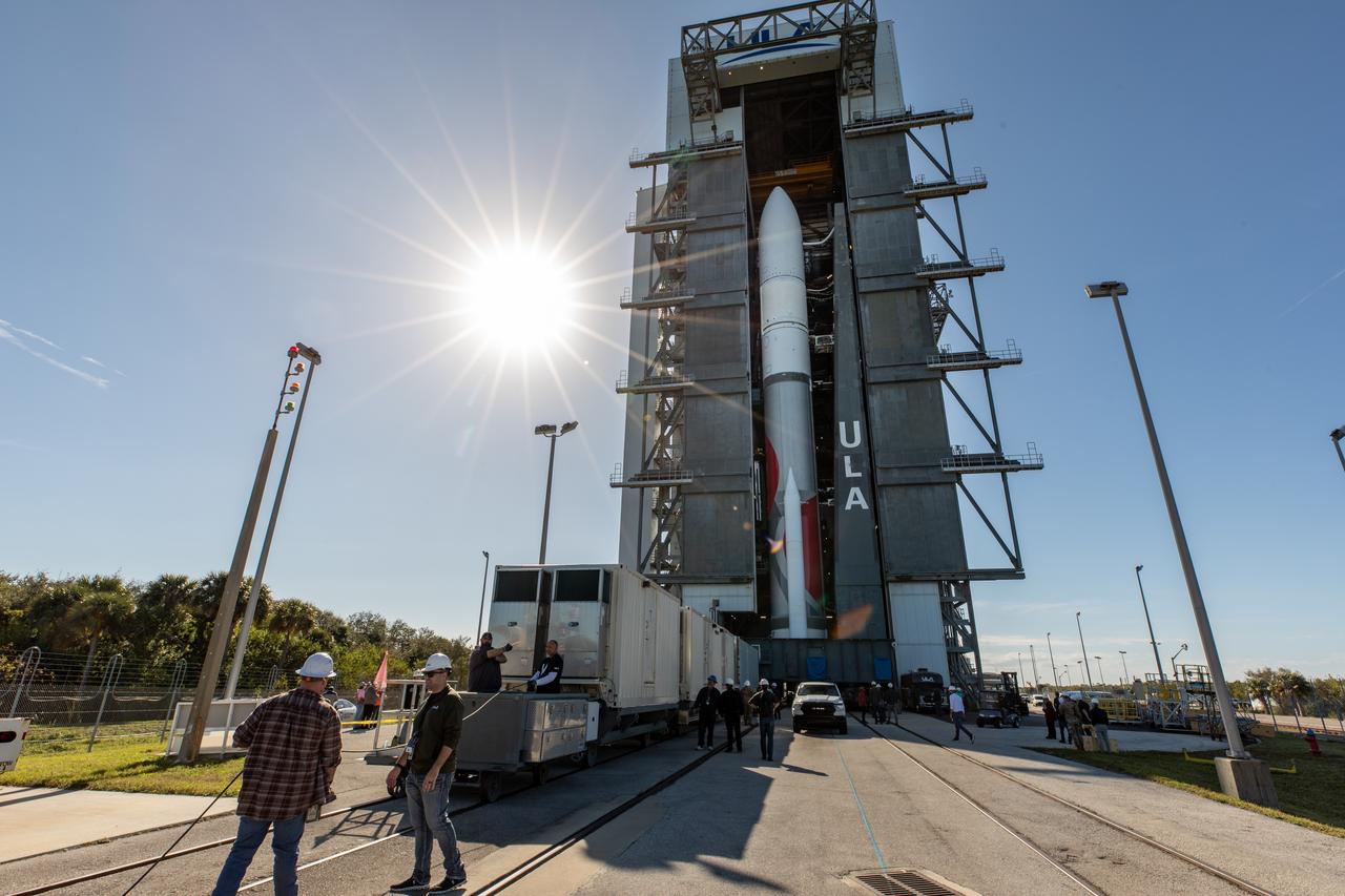 On Friday, Jan. 5, 2024, United Launch Alliance’s Vulcan rocket carrying Astrobotic’s Peregrine lunar lander is rolled out of the Vertical Integration Facility to the launch pad at Space Launch Complex 41 on Cape Canaveral Space Force Station in Florida in advance of a planned lift off at 2:18 a.m. EST Monday, Jan. 8, 2024. Astrobotic’s Peregrine Mission One will carry NASA and commercial payloads to the Moon to study the lunar exosphere, thermal properties, and hydrogen abundance of the lunar regolith, magnetic fields, and the radiation environment of the lunar surface.(Multiple values)