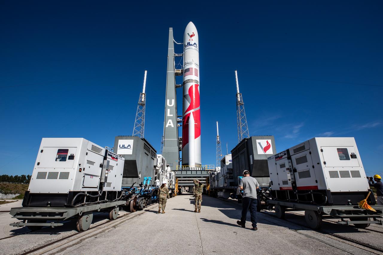 On Friday, Jan. 5, 2024, United Launch Alliance’s Vulcan rocket carrying Astrobotic’s Peregrine lunar lander is rolled out of the Vertical Integration Facility to the launch pad at Space Launch Complex 41 on Cape Canaveral Space Force Station in Florida in advance of a planned lift off at 2:18 a.m. EST Monday, Jan. 8, 2024. Astrobotic’s Peregrine Mission One will carry NASA and commercial payloads to the Moon to study the lunar exosphere, thermal properties, and hydrogen abundance of the lunar regolith, magnetic fields, and the radiation environment of the lunar surface.(Multiple values)