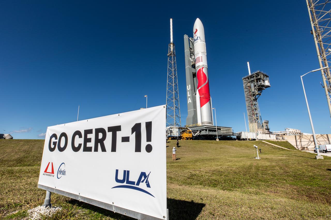 On Friday, Jan. 5, 2024, United Launch Alliance’s Vulcan rocket carrying Astrobotic’s Peregrine lunar lander is rolled out of the Vertical Integration Facility to the launch pad at Space Launch Complex 41 on Cape Canaveral Space Force Station in Florida in advance of a planned lift off at 2:18 a.m. EST Monday, Jan. 8, 2024. Astrobotic’s Peregrine Mission One will carry NASA and commercial payloads to the Moon to study the lunar exosphere, thermal properties, and hydrogen abundance of the lunar regolith, magnetic fields, and the radiation environment of the lunar surface.(Multiple values)