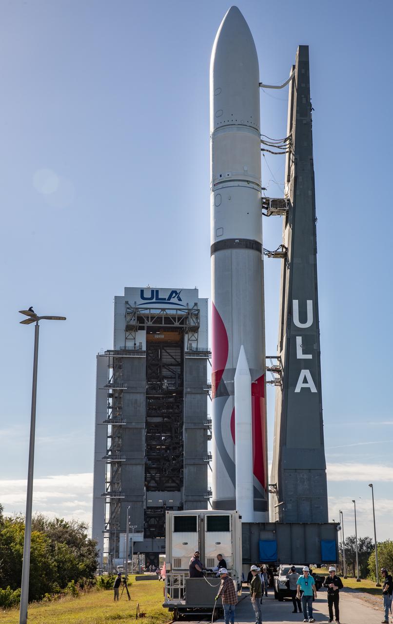 On Friday, Jan. 5, 2024, United Launch Alliance’s Vulcan rocket carrying Astrobotic’s Peregrine lunar lander is rolled out of the Vertical Integration Facility to the launch pad at Space Launch Complex 41 on Cape Canaveral Space Force Station in Florida in advance of a planned lift off at 2:18 a.m. EST Monday, Jan. 8, 2024. Astrobotic’s Peregrine Mission One will carry NASA and commercial payloads to the Moon to study the lunar exosphere, thermal properties, and hydrogen abundance of the lunar regolith, magnetic fields, and the radiation environment of the lunar surface.(Multiple values)