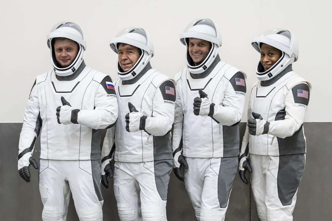 Members of NASA’s SpaceX Crew-8 from right to left, NASA astronauts Jeanette Epps, mission specialist; Matthew Dominick, commander; Michael Barratt, pilot; and Roscosmos cosmonaut Alexander Grebenkin, mission specialist; participate in the Crew Equipment Interface Test at Cape Canaveral Space Force Station in Florida on Friday, Jan. 12, 2024. As part of the agency’s Commercial Crew Program, Crew-8 marks the ninth human spaceflight mission supported by a SpaceX Dragon spacecraft and the eighth crew rotation mission to International Space Station. Crew-8 will launch on a SpaceX Falcon 9 rocket from Launch Complex 39A at NASA’s Kennedy Space Center in Florida no earlier than mid-February 2024.