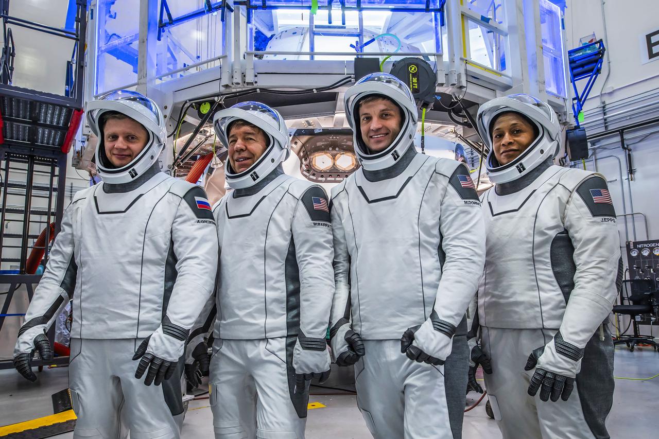 Members of NASA’s SpaceX Crew-8 from right to left, NASA astronauts Jeanette Epps, mission specialist; Matthew Dominick, commander; Michael Barratt, pilot; and Roscosmos cosmonaut Alexander Grebenkin, mission specialist; participate in the Crew Equipment Interface Test at Cape Canaveral Space Force Station in Florida on Friday, Jan. 12, 2024. As part of the agency’s Commercial Crew Program, Crew-8 marks the ninth human spaceflight mission supported by a SpaceX Dragon spacecraft and the eighth crew rotation mission to International Space Station. Crew-8 will launch on a SpaceX Falcon 9 rocket from Launch Complex 39A at NASA’s Kennedy Space Center in Florida no earlier than mid-February 2024.
