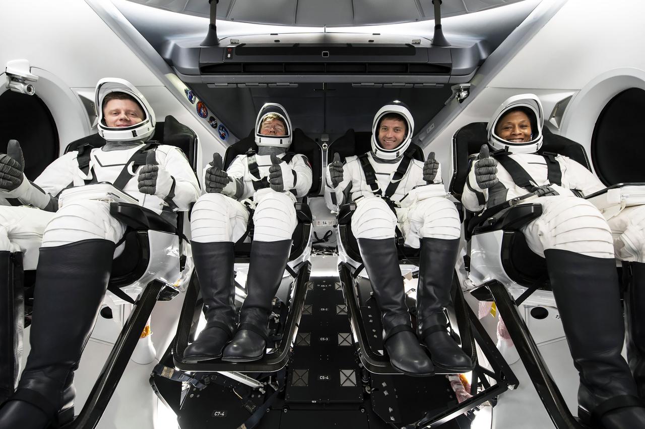 Members of NASA’s SpaceX Crew-8 from right to left, NASA astronauts Jeanette Epps, mission specialist; Matthew Dominick, commander; Michael Barratt, pilot; and Roscosmos cosmonaut Alexander Grebenkin, mission specialist; participate in the Crew Equipment Interface Test at Cape Canaveral Space Force Station in Florida on Friday, Jan. 12, 2024. As part of the agency’s Commercial Crew Program, Crew-8 marks the ninth human spaceflight mission supported by a SpaceX Dragon spacecraft and the eighth crew rotation mission to International Space Station. Crew-8 will launch on a SpaceX Falcon 9 rocket from Launch Complex 39A at NASA’s Kennedy Space Center in Florida no earlier than mid-February 2024.