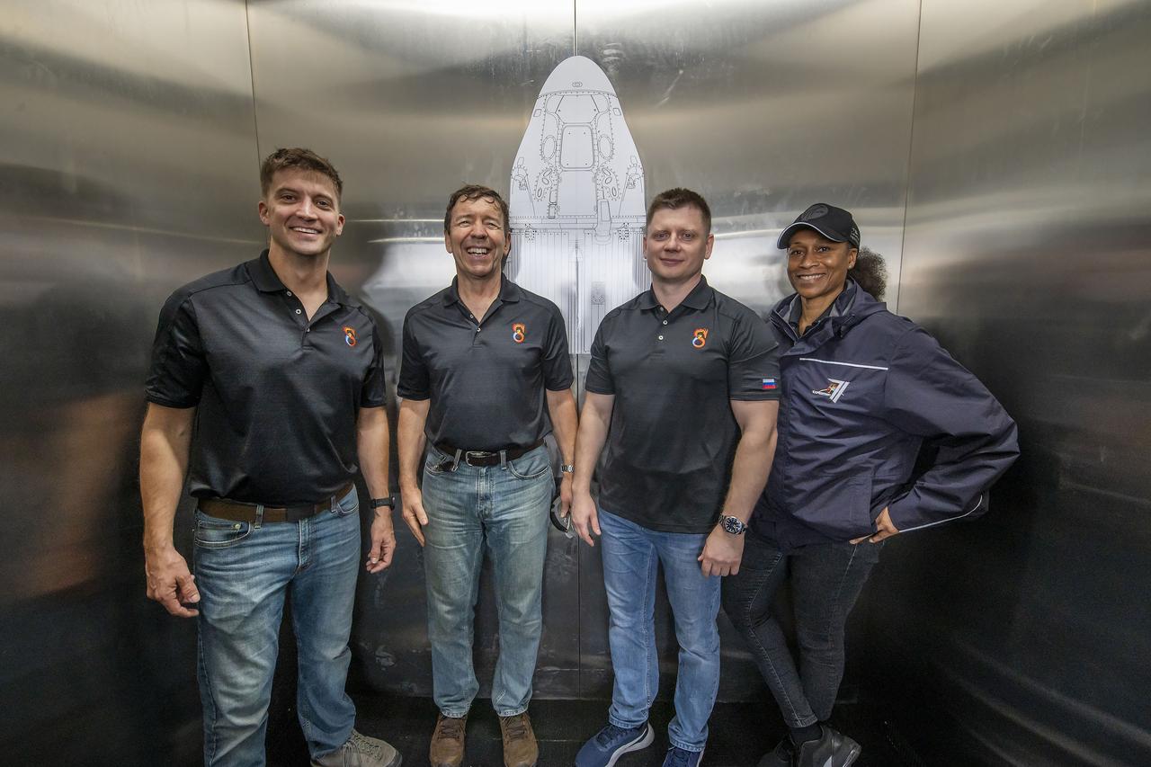 Members of NASA’s SpaceX Crew-8 mission from left to right, NASA astronauts Matthew Dominick, commander; Michael Barratt, pilot; Roscosmos cosmonaut Alexander Grebenkin, mission specialist; and NASA astronaut Jeanette Epps, mission specialist; pose for a photo during Crew Equipment Interface Test activities at Cape Canaveral Space Force Station in Florida on Friday, Jan. 12, 2024. As part of the agency’s Commercial Crew Program, Crew-8 marks the ninth human spaceflight mission supported by a SpaceX Dragon spacecraft and the eighth crew rotation mission to International Space Station. Crew-8 will launch on a SpaceX Falcon 9 rocket from Launch Complex 39A at NASA’s Kennedy Space Center in Florida no earlier than mid-February 2024.