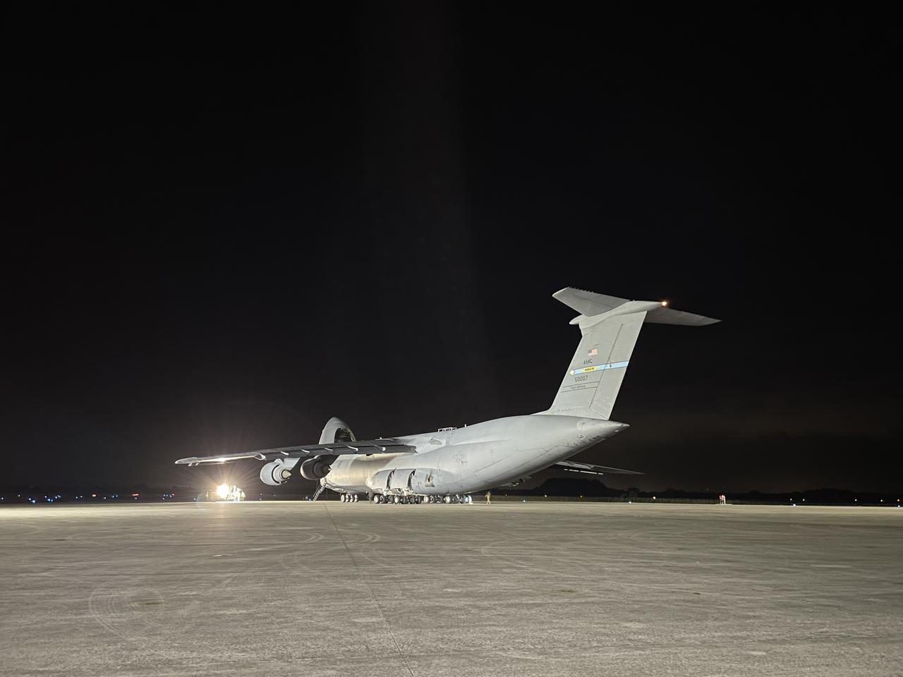 A C-5M Super Galaxy transport aircraft carrying NOAA’s Geostationary Operational Environmental Satellite-U (GOES-U) arrives at the Launch and Landing Facility at NASA’s Kennedy Space Center in Florida on Tuesday, Jan. 23, 2024. Crews offloaded and transported the satellite to the Astrotech Space Operations facility in nearby Titusville, Florida to prepare it for launch. Part of a collaborative NOAA and NASA program, GOES-U is the fourth in a series of four advanced geostationary weather satellites. Data from the GOES satellite constellation – consisting of the GOES-R, GOES-S, GOES-T and GOES-U spacecraft – enables forecasters to predict, observe, and track local weather events that affect public safety like thunderstorms, hurricanes, and wildfires.