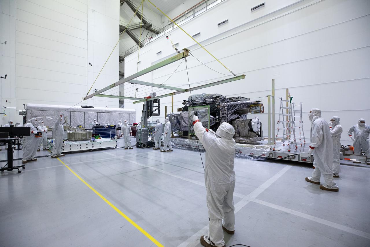 Technicians remove part of a protective enclosure as they prepare to rotate NOAA’s Geostationary Operational Environmental Satellite-U (GOES-U) vertical after being uncrated on Wednesday, Jan. 24, 2024, at the Astrotech Space Operations Facility near the agency’s Kennedy Space Center in Florida. Part of a collaborative NOAA and NASA program, GOES-U is the fourth in a series of four advanced geostationary weather satellites. Data from the GOES satellite constellation – consisting of the GOES-R, GOES-S, GOES-T and GOES-U spacecraft – enables forecasters to predict, observe, and track local weather events that affect public safety like thunderstorms, hurricanes, and wildfires.