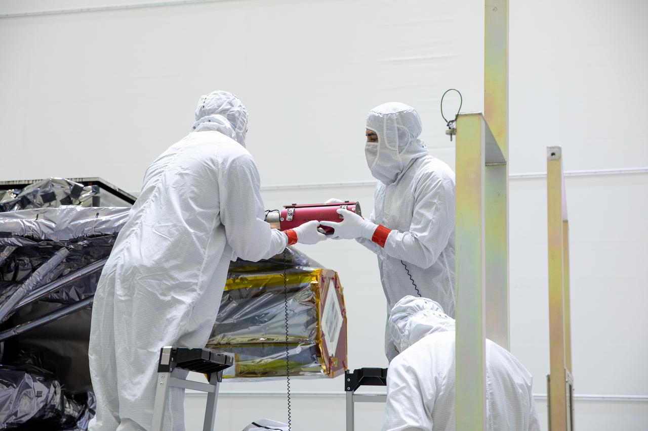Technicians prepare to rotate NOAA’s Geostationary Operational Environmental Satellite-U (GOES-U) vertical after being uncrated on Wednesday, Jan. 24, 2024, at the Astrotech Space Operations Facility near the agency’s Kennedy Space Center in Florida. Part of a collaborative NOAA and NASA program, GOES-U is the fourth in a series of four advanced geostationary weather satellites. Data from the GOES satellite constellation – consisting of the GOES-R, GOES-S, GOES-T and GOES-U spacecraft – enables forecasters to predict, observe, and track local weather events that affect public safety like thunderstorms, hurricanes, and wildfires.