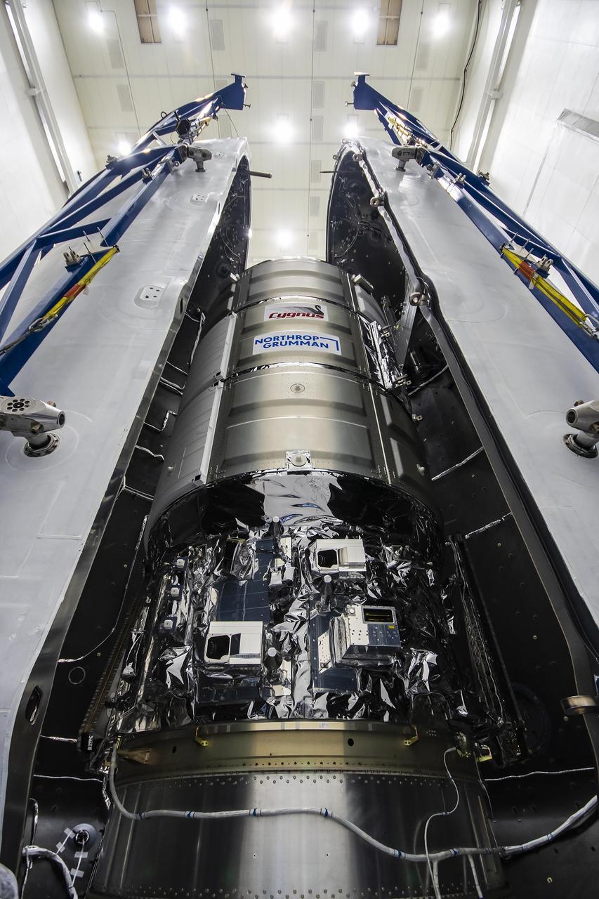 On Wednesday, Jan. 24, 2024, the Northrop Grumman Cygnus resupply spacecraft is seen being encapsulated inside the SpaceX Falcon 9 payload fairing as it prepares to launch from Space Launch Complex 40 at Cape Canaveral Space Force Station in Florida for the 20th Northrop Grumman commercial resupply services for NASA. The mission will carry 8,200 pounds of science investigations, supplies, and equipment to the International Space Station to support the agency’s Expedition 70 crew. Liftoff is scheduled no earlier than 12:07 p.m. EST Tuesday, Jan. 30, 2024. 