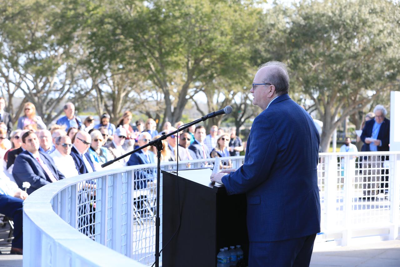 Burt Summerfield, associate director, management, at NASA’s Kennedy Space Center in Florida, speaks as part of the agency’s Day of Remembrance on Thursday, Jan. 25, 2024, at the Space Mirror Memorial at Kennedy Space Center Visitor Complex. The annual tradition honors fallen astronauts and astronaut candidates who lost their lives while furthering the cause of exploration and discovery.