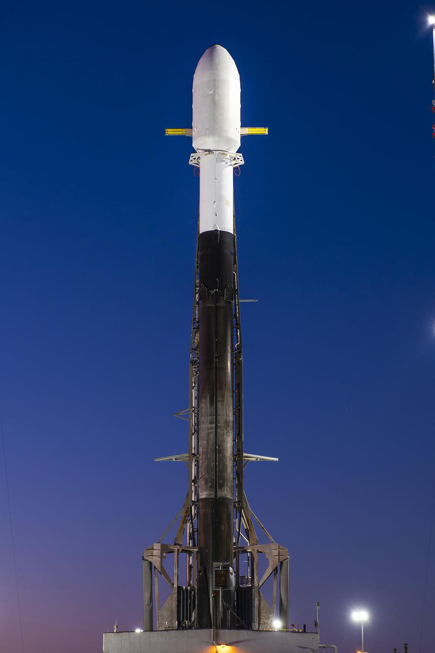 A Northrop Grumman Cygnus resupply spacecraft, atop a SpaceX Falcon 9 rocket, stands tall at sunrise at Space Launch Complex 40 at Cape Canaveral Space Force Station in Florida on Tuesday, Jan. 30, 2024, in preparations for a launch to the International Space Station. Northrop Grumman’s 20th commercial resupply mission includes multiple science investigations, such as tests of a 3D metal printer, semiconductor manufacturing, and thermal protection systems for reentry to Earth to support the agency’s Expedition 70 crew. Liftoff is scheduled for 12:07p.m. EST Tuesday, Jan. 30, 2024.