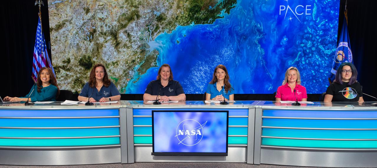 A PACE (Plankton, Aerosol, Cloud, ocean Ecosystem) mission and social media panel discussion takes place at NASA’s Kennedy Space Center in Florida on Sunday, Feb. 4, 2024. Participants, from left to right are: Megan Cruz, NASA Communications; Karen St. Germain, Earth Science division director, NASA Headquarters; Marjorie Haskell, PACE program executive, NASA Headquarters; Laura Lorenzoni, PACE program scientist, NASA Headquarters; Juli Lander, PACE deputy project manager, NASA’s Goddard Space Flight Center; and Ivona Cetinic, PACE Ocean scientist, NASA’s Goddard Space Flight Center. PACE is NASA’s newest earth-observing satellite that will help increase our understanding of Earth’s oceans, atmosphere, and climate by delivering hyperspectral observations of microscopic marine organisms called phytoplankton, as well new data on clouds and aerosols. Liftoff aboard a SpaceX Falcon 9 rocket from Space Launch Complex 40 at Cape Canaveral Space Force Station in Florida is set for no earlier than 1:33 a.m. EST on Tuesday, Feb 6, 2024.