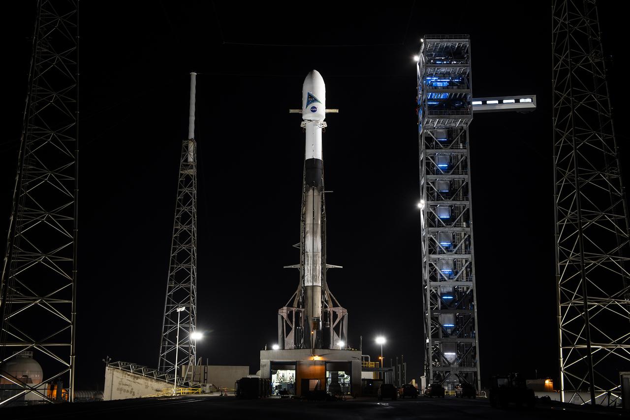 A SpaceX Falcon 9 rocket with NASA’s PACE (Plankton, Aerosol, Cloud, ocean Ecosystem) spacecraft encapsulated atop is raised to a vertical position at Space Launch Complex 40 at Cape Canaveral Space Force Station in Florida on Monday, Feb. 5, 2024.  PACE is NASA’s newest earth-observing satellite that will help increase our understanding of Earth’s oceans, atmosphere, and climate by delivering hyperspectral observations of microscopic marine organisms called phytoplankton as well new data on clouds and aerosols. Liftoff of the PACE mission is set for no earlier than 1:33 a.m. EST on Tuesday, Feb. 6, 2024.