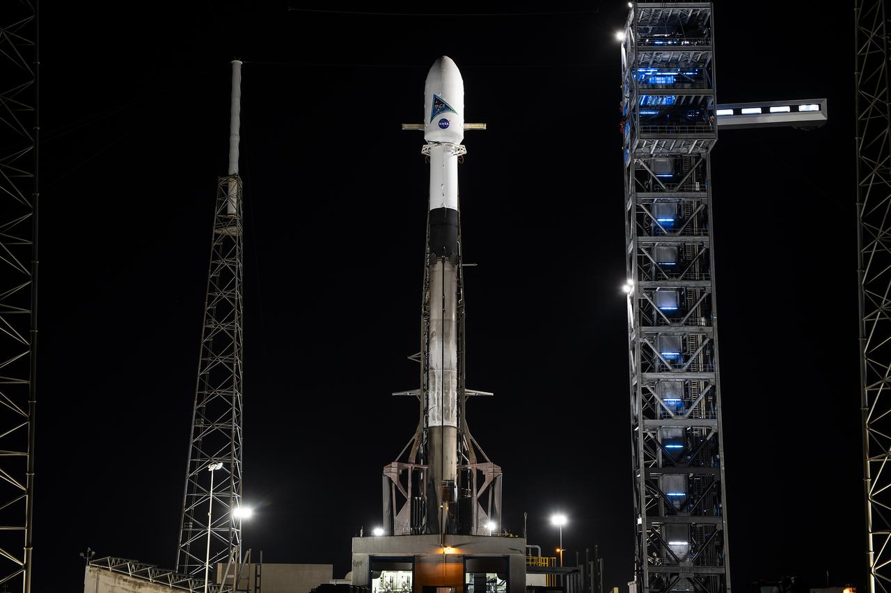 A SpaceX Falcon 9 rocket with NASA’s PACE (Plankton, Aerosol, Cloud, ocean Ecosystem) spacecraft encapsulated atop is raised to a vertical position at Space Launch Complex 40 at Cape Canaveral Space Force Station in Florida on Monday, Feb. 5, 2024. PACE is NASA’s newest earth-observing satellite that will help increase our understanding of Earth’s oceans, atmosphere, and climate by delivering hyperspectral observations of microscopic marine organisms called phytoplankton as well new data on clouds and aerosols. Liftoff of the PACE mission is set for no earlier than 1:33 a.m. EST on Tuesday, Feb. 6, 2024.