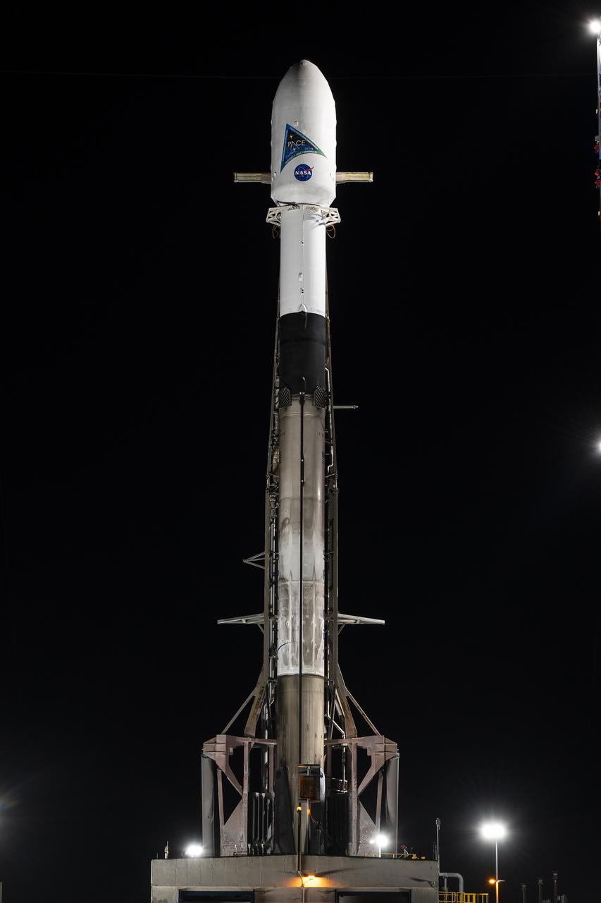 A SpaceX Falcon 9 rocket with NASA’s PACE (Plankton, Aerosol, Cloud, ocean Ecosystem) spacecraft encapsulated atop is raised to a vertical position at Space Launch Complex 40 at Cape Canaveral Space Force Station in Florida on Monday, Feb. 5, 2024. PACE is NASA’s newest earth-observing satellite that will help increase our understanding of Earth’s oceans, atmosphere, and climate by delivering hyperspectral observations of microscopic marine organisms called phytoplankton as well new data on clouds and aerosols. Liftoff of the PACE mission is set for no earlier than 1:33 a.m. EST on Tuesday, Feb. 6, 2024.