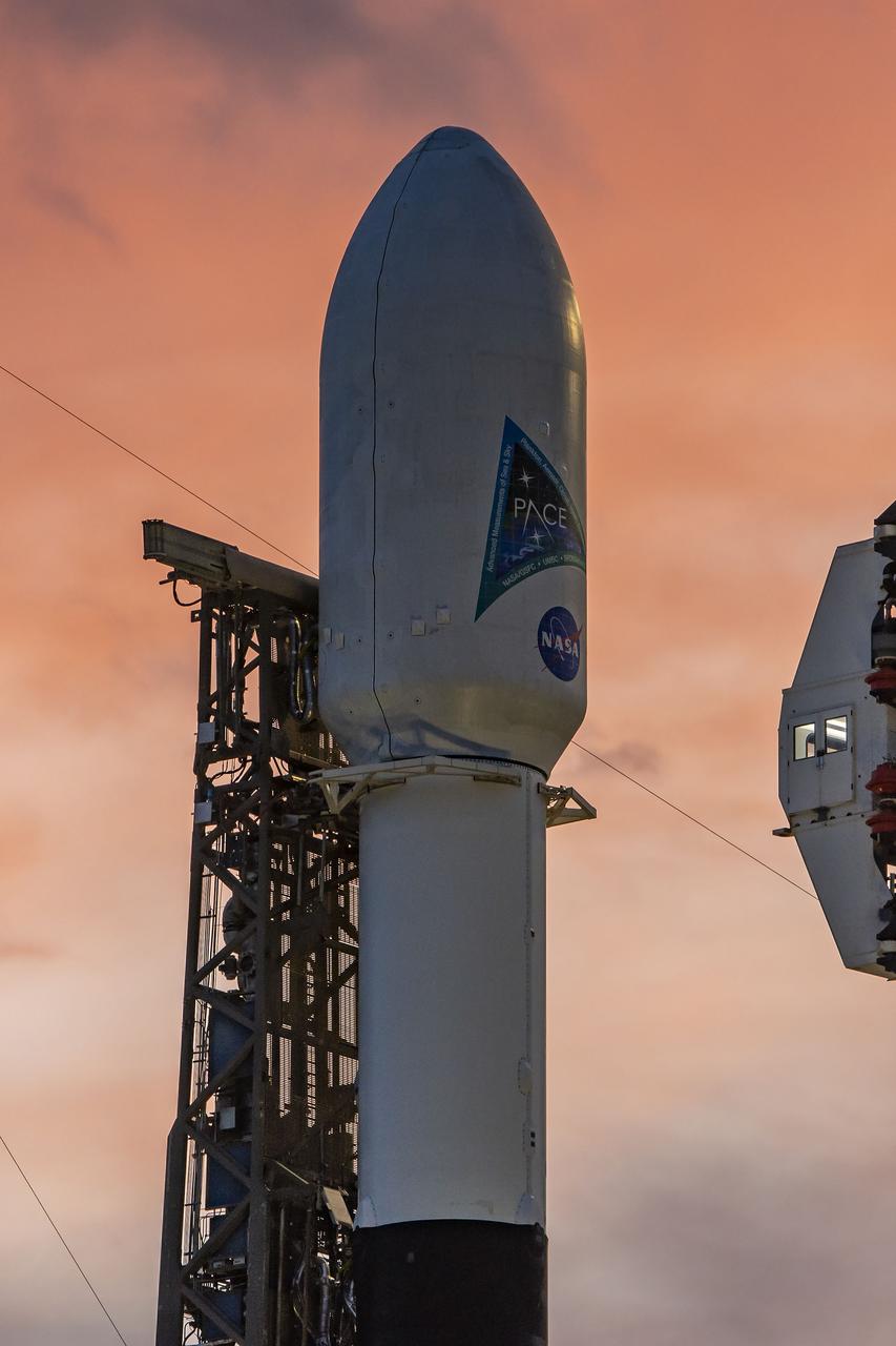 A SpaceX Falcon 9 rocket with NASA’s PACE (Plankton, Aerosol, Cloud, ocean Ecosystem) spacecraft stands vertical at Space Launch Complex 40 at Cape Canaveral Space Force Station in Florida on Monday, Feb. 5, 2024. PACE is NASA’s newest earth-observing satellite that will help increase our understanding of Earth’s oceans, atmosphere, and climate by delivering hyperspectral observations of microscopic marine organisms called phytoplankton as well new data on clouds and aerosols. Liftoff of the PACE mission is set for no earlier than 1:33 a.m. EST on Wednesday, Feb. 7, 2024.
