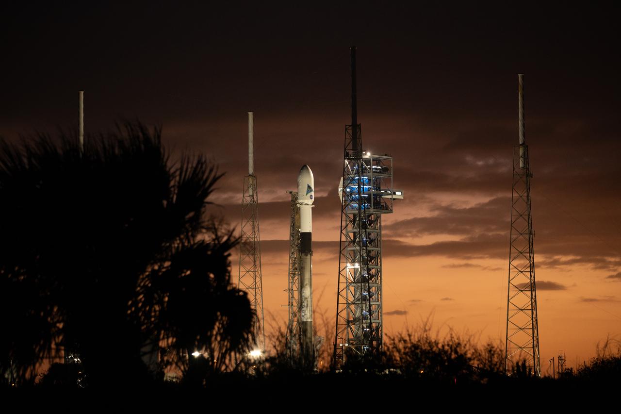A SpaceX Falcon 9 rocket with NASA’s PACE (Plankton, Aerosol, Cloud, ocean Ecosystem) spacecraft stands vertical at Space Launch Complex 40 at Cape Canaveral Space Force Station in Florida on Tuesday, Feb. 6, 2024. PACE is NASA’s newest earth-observing satellite that will help increase our understanding of Earth’s oceans, atmosphere, and climate by delivering hyperspectral observations of microscopic marine organisms called phytoplankton as well new data on clouds and aerosols. The successful liftoff took place 1:33 a.m. EST Thursday, Feb. 8, 2024.