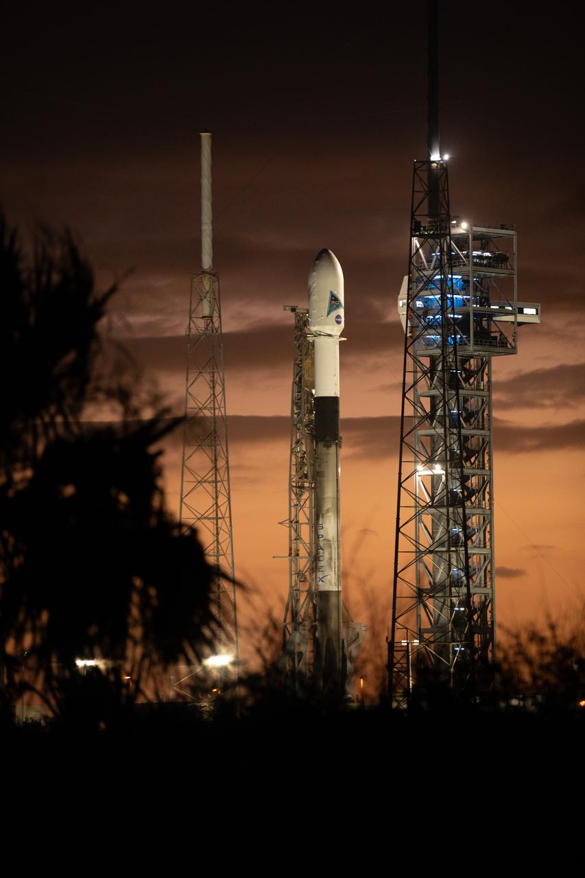A SpaceX Falcon 9 rocket with NASA’s PACE (Plankton, Aerosol, Cloud, ocean Ecosystem) spacecraft stands vertical at Space Launch Complex 40 at Cape Canaveral Space Force Station in Florida on Tuesday, Feb. 6, 2024. PACE is NASA’s newest earth-observing satellite that will help increase our understanding of Earth’s oceans, atmosphere, and climate by delivering hyperspectral observations of microscopic marine organisms called phytoplankton as well new data on clouds and aerosols. The successful liftoff took place 1:33 a.m. EST Thursday, Feb. 8, 2024.