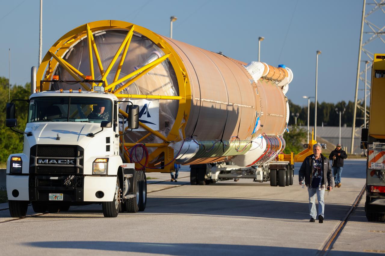 Crews transfer the main stage of a United Launch Alliance Atlas V rocket to the Vertical Integration Facility at Space Launch Complex-41 at Cape Canaveral Space Force Station in Florida on Wednesday, Feb. 21, 2024. The rocket will send two NASA astronauts to the International Space Station aboard Boeing’s CST-100 Starliner capsule no earlier than mid-April for NASA’s Boeing Crew Flight Test. The mission will test the end-to-end capabilities of Starliner and its system and, if successful, will pave the way for NASA’s certification ahead of regular missions to the space station as part of the agency’s Commercial Crew Program.