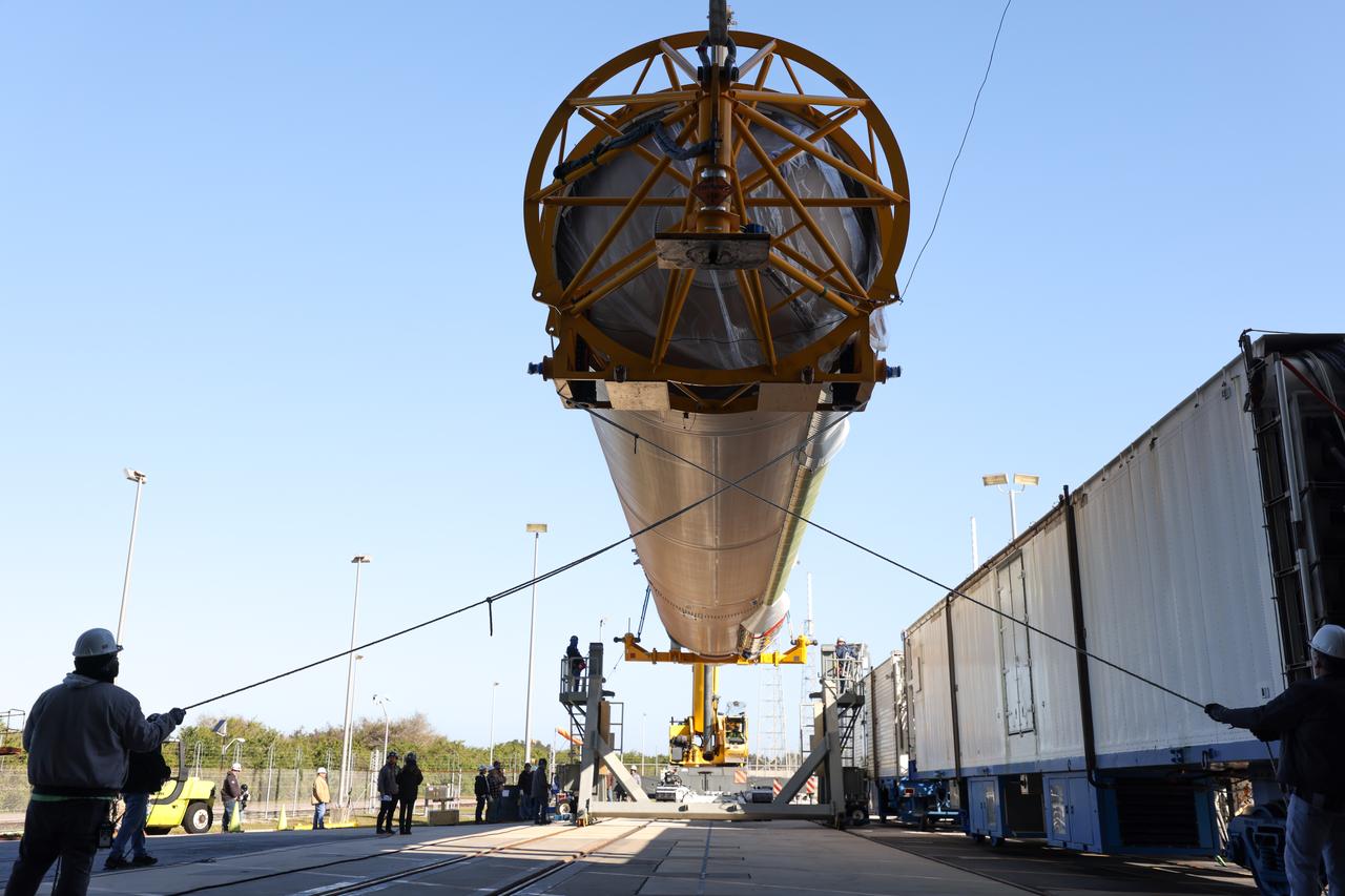 Crews raise a United Launch Alliance Atlas V rocket to a vertical position at the Vertical Integration Facility at Space Launch Complex-41 at Cape Canaveral Space Force Station in Florida on Wednesday, Feb. 21, 2024. After integration with the rocket’s Centaur upper stage and Boeing’s CST-100 Starliner capsule, the Atlas V will send two NASA astronauts to the International Space Station on the agency’s Boeing Crew Flight Test. The mission will test the end-to-end capabilities of Starliner and its system and, if successful, will pave the way for NASA’s certification ahead of regular missions to the space station as part of the agency’s Commercial Crew Program. Liftoff is targeted for no earlier than mid-April. 