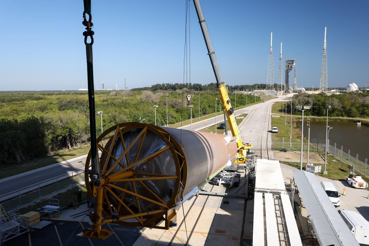 Crews raise a United Launch Alliance Atlas V rocket to a vertical position at the Vertical Integration Facility at Space Launch Complex-41 at Cape Canaveral Space Force Station in Florida on Wednesday, Feb. 21, 2024. After integration with the rocket’s Centaur upper stage and Boeing’s CST-100 Starliner capsule, the Atlas V will send two NASA astronauts to the International Space Station on the agency’s Boeing Crew Flight Test. The mission will test the end-to-end capabilities of Starliner and its system and, if successful, will pave the way for NASA’s certification ahead of regular missions to the space station as part of the agency’s Commercial Crew Program. Liftoff is targeted for no earlier than mid-April. 