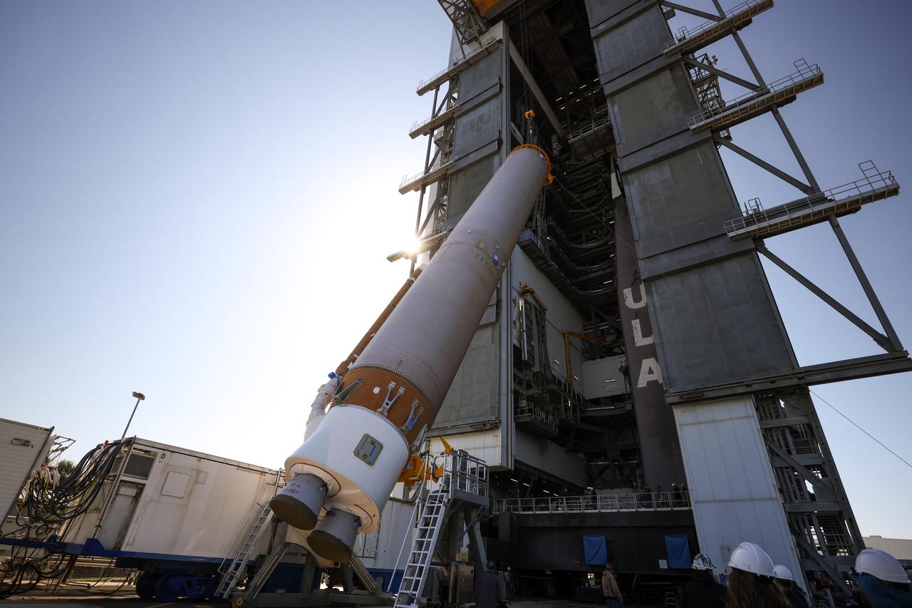 Crews raise a United Launch Alliance Atlas V rocket to a vertical position at the Vertical Integration Facility at Space Launch Complex-41 at Cape Canaveral Space Force Station in Florida on Wednesday, Feb. 21, 2024. After integration with the rocket’s Centaur upper stage and Boeing’s CST-100 Starliner capsule, the Atlas V will send two NASA astronauts to the International Space Station on the agency’s Boeing Crew Flight Test. The mission will test the end-to-end capabilities of Starliner and its system and, if successful, will pave the way for NASA’s certification ahead of regular missions to the space station as part of the agency’s Commercial Crew Program. Liftoff is targeted for no earlier than mid-April. 