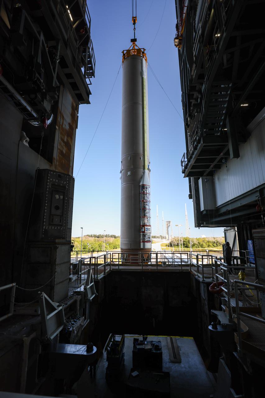 A United Launch Alliance Atlas V rocket stands vertical, awaiting integration with the rocket’s Centaur upper stage and Boeing’s CST-100 Starliner after moving inside the Vertical Integration Facility at Space Launch Complex-41 at Cape Canaveral Space Force Station in Florida on Wednesday, Feb. 21, 2024. The rocket will send two NASA astronauts to the International Space Station aboard the Starliner capsule no earlier than mid-April for NASA’s Boeing Crew Flight Test. The mission will test the end-to-end capabilities of Starliner and its system and, if successful, will pave the way for NASA’s certification ahead of regular missions to the space station as part of the agency’s Commercial Crew Program.