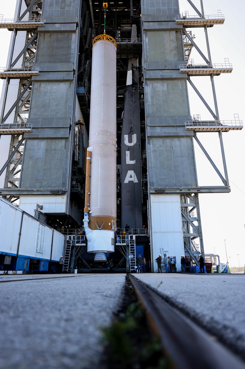 A United Launch Alliance Atlas V rocket stands vertical, awaiting integration with the rocket’s Centaur upper stage and Boeing’s CST-100 Starliner after moving inside the Vertical Integration Facility at Space Launch Complex-41 at Cape Canaveral Space Force Station in Florida on Wednesday, Feb. 21, 2024. The rocket will send two NASA astronauts to the International Space Station aboard the Starliner capsule no earlier than mid-April for NASA’s Boeing Crew Flight Test. The mission will test the end-to-end capabilities of Starliner and its system and, if successful, will pave the way for NASA’s certification ahead of regular missions to the space station as part of the agency’s Commercial Crew Program.